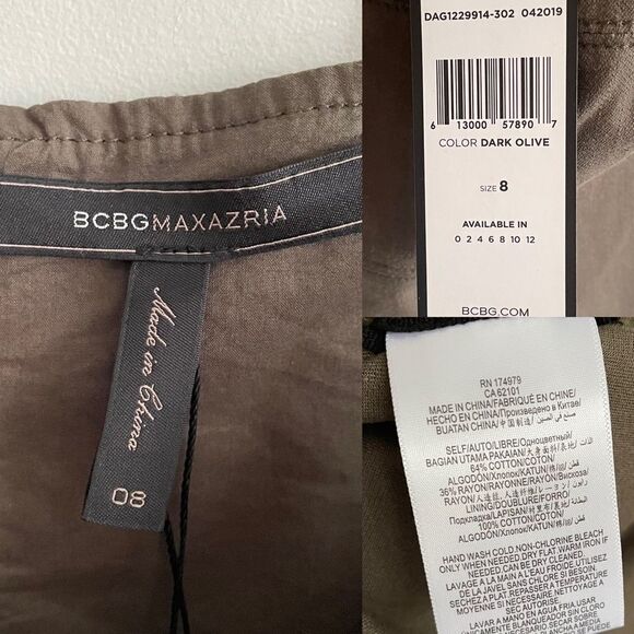 BCBGMAXAZRIA Sleeveless Blouse Tank Top Olive Green Back Zip 8 - Picture 3 of 5